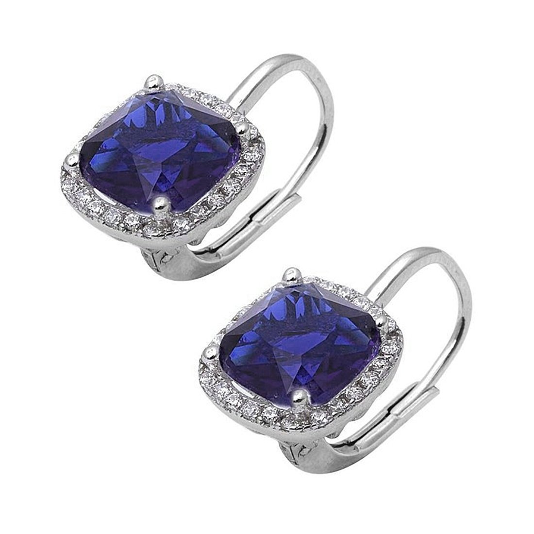 Blue Apple Co.Halo Hoop Latch Back Earrings Cushion Cut Simulated Blue Tanzanite Round CZ 925 Sterling Silver