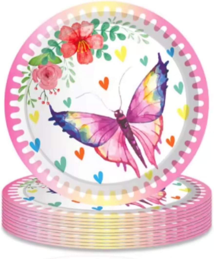 Wanna Party Pack of 8-9" Butterfly Paper Plates, Butterfly Theme Birthday Plates for Kids, Birthday Supplies for Kids.