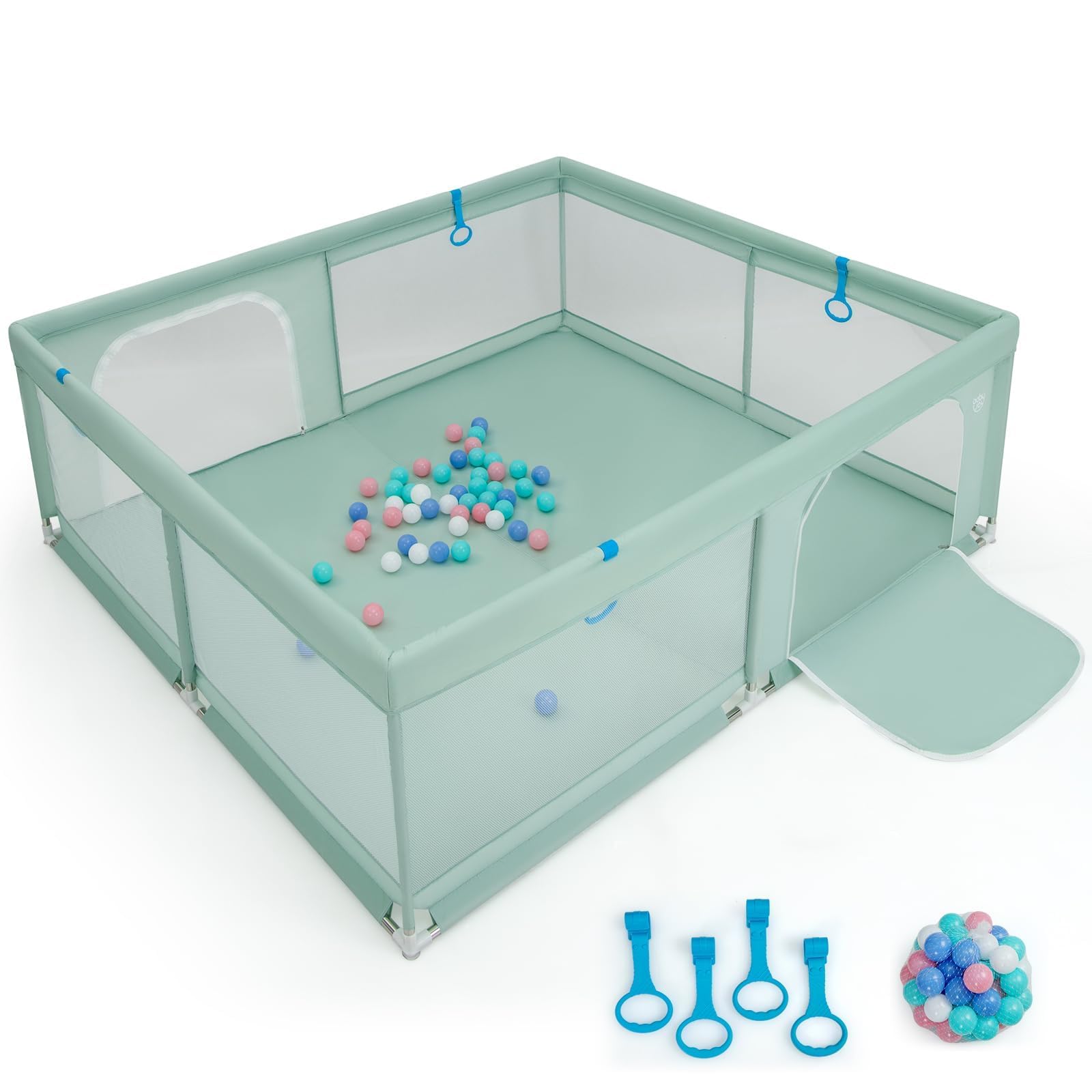 RELAX4LIFE Box Recinto per Bambini, Centro di Attività per Bambini dai 6 Mesi ai 3 Anni (200x180cm, C: 50 Palline+4 Anelli,VERDE)