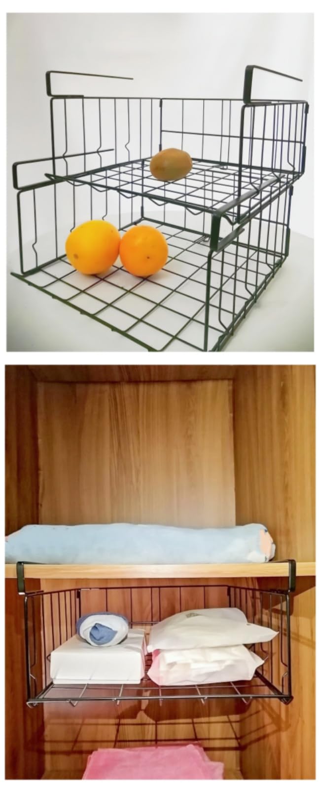 2 Pezzi Cesto Portaoggetti Pieghevole, Scaffale Sotto Cabinet Pieghevole Metallo Cestino da Appendere per Cucina, Armadio, Dispensa, Ufficio, Bagno, libreria (Nero)