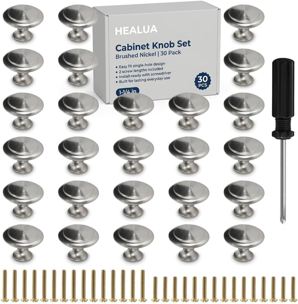 30 Pack Brushed Nickel Cabinet Pulls - 1-1/4 inch Kitchen Cabinet Knobs and Drawer Pulls for Dresser Drawers