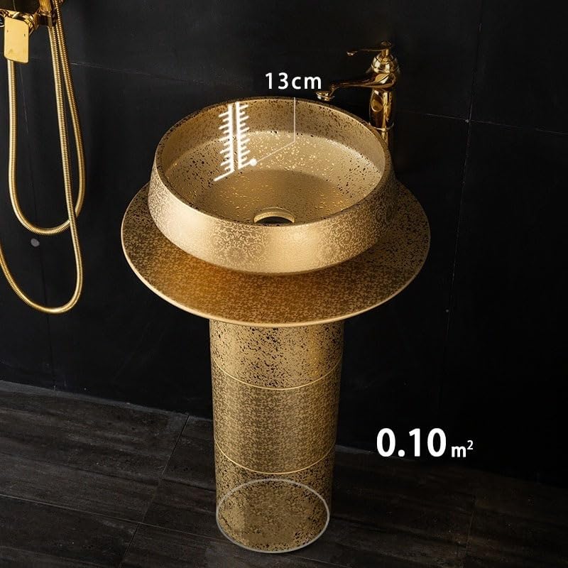 Lavabo de baño Fregadero de pedestal dorado de lujo, lavabo de columna de baño de 3 piezas, lavabo de tocador de baño de pie combinado con grifo, desagüe y espejo Lavabo de pedestal para baño(C)