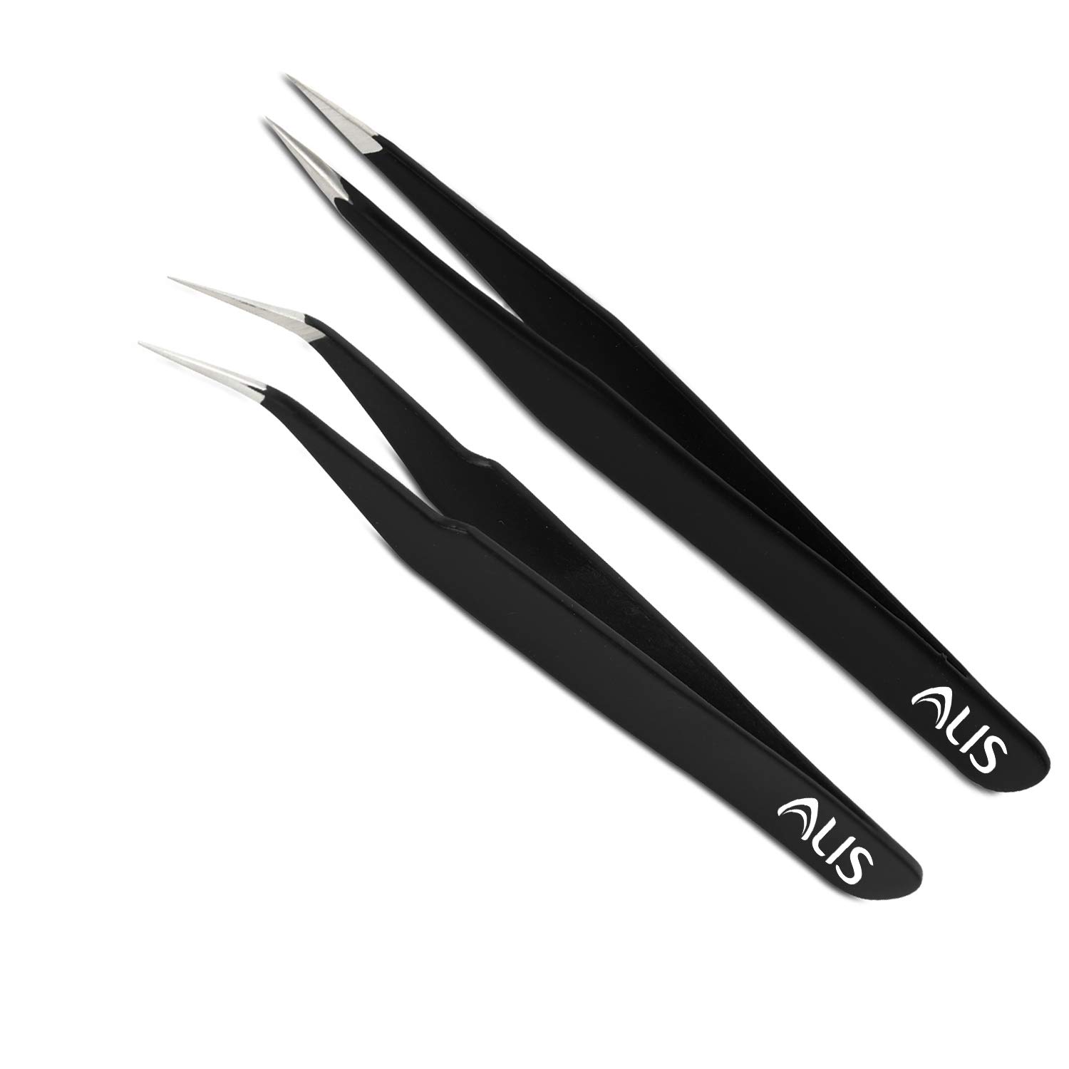 Alis Professional Tweezer Set With Straight and Curved Tips for Mobile, Gadget, and Jewelry Repairing, Soldering & Crafting (Set of 2, Black) Q45