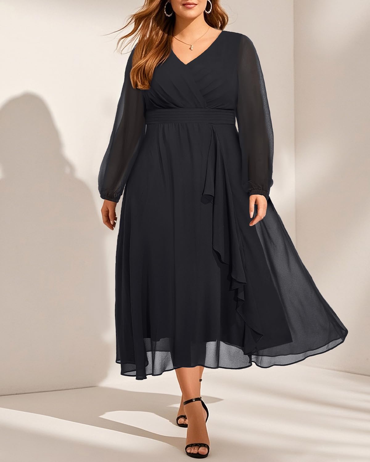Plus Size Black Dresses 2025 Formal Wedding Guest Long Sleeve Fall Chiffon Wrap V Neck A Line Midi Ruffle Dress - Image 4