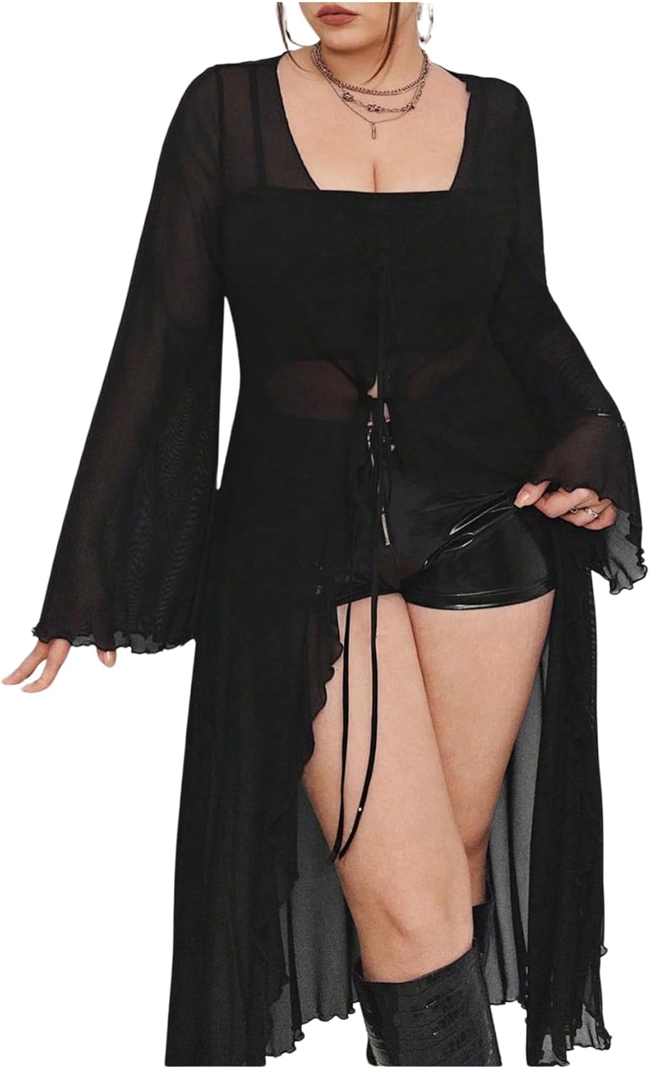 SHENHE Women's Plus Size Mesh Tie Front Shirt High Low Asymmetrical Bell Sleeve Flowy Tunic Shirt