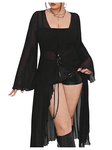 SHENHE Women's Plus Size Mesh Tie Front Shirt High Low Asymmetrical Bell Sleeve Flowy Tunic Shirt - Large Plus - Black