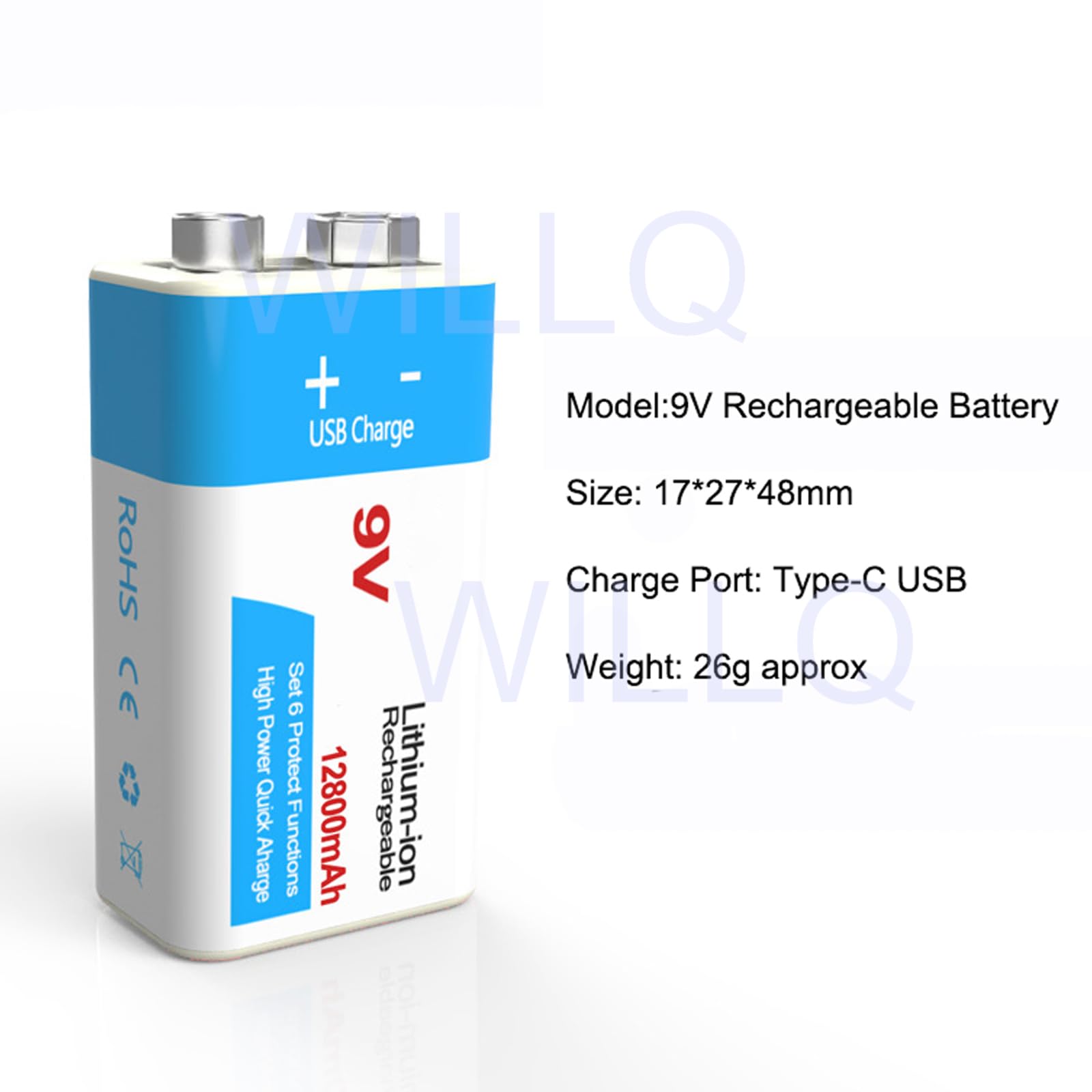 Baterías de Litio Recargables de 9V USB Tipo-c 9 Voltios 9900mAh 12800mAh Baterías de Repuesto 1.5 H Carga Rápida 1000 Ciclos para Dispositivos Eléctricos de 9V,2pcs 9v9900mah