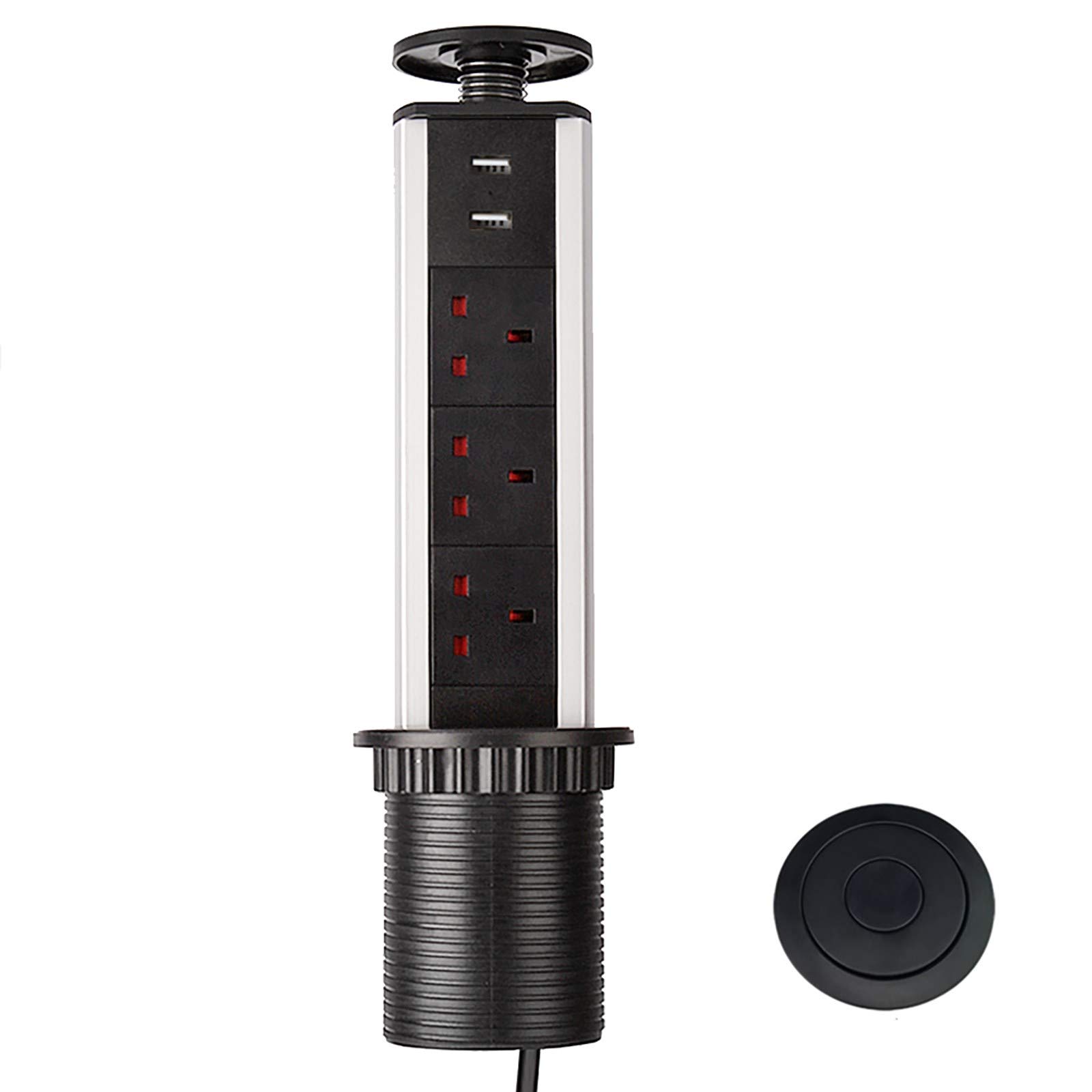 Pull Pop Up Electrical Plug Socket with USB for Kitchen Worktops (Black)