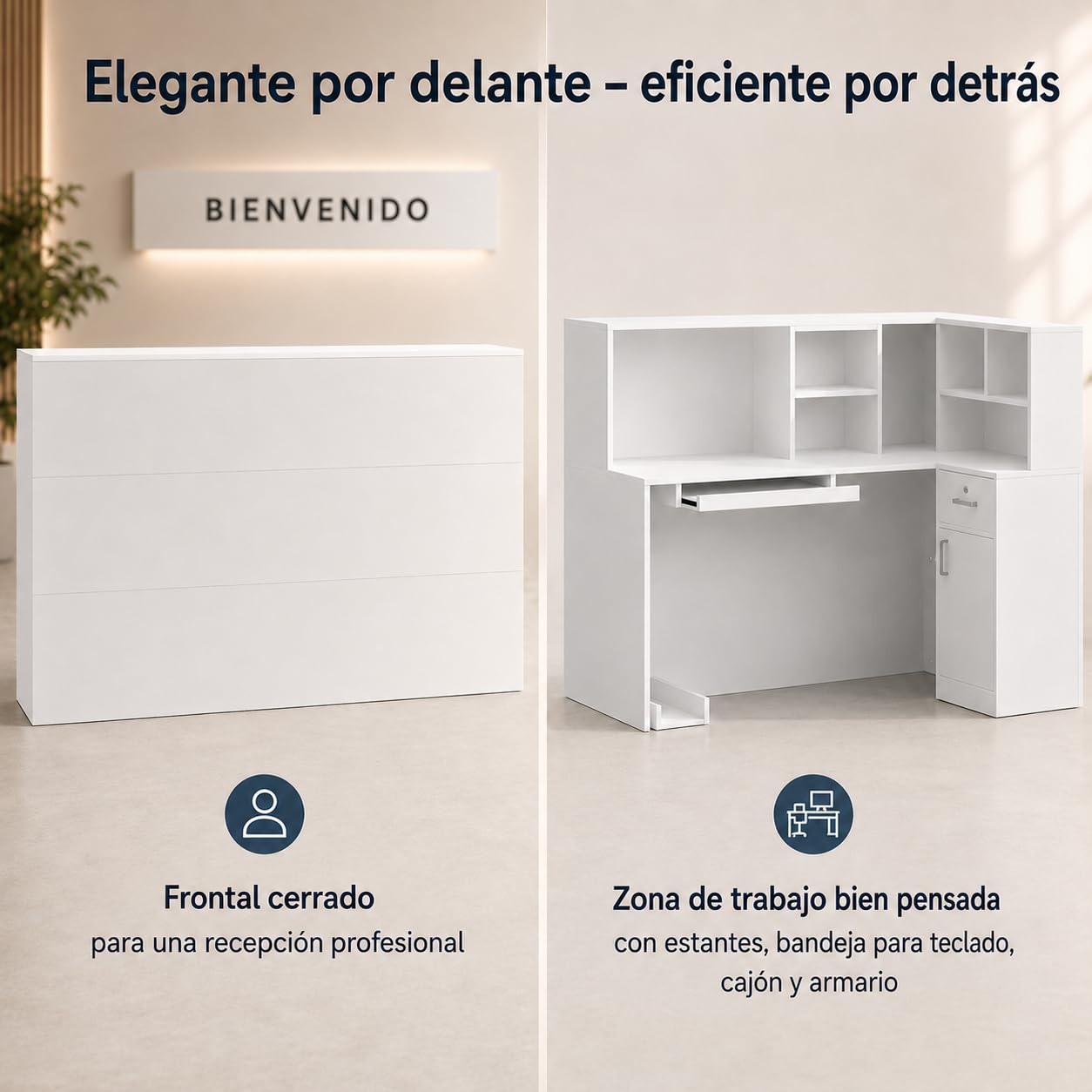 Mostrador de Recepción Blanco en L 142cm – Caja Esquinera con Cajón de Teclado, Soporte para PC, Cajón con Llave y 5 Compartimentos – Mostrador para Oficina, Salón, 142×82×123cm