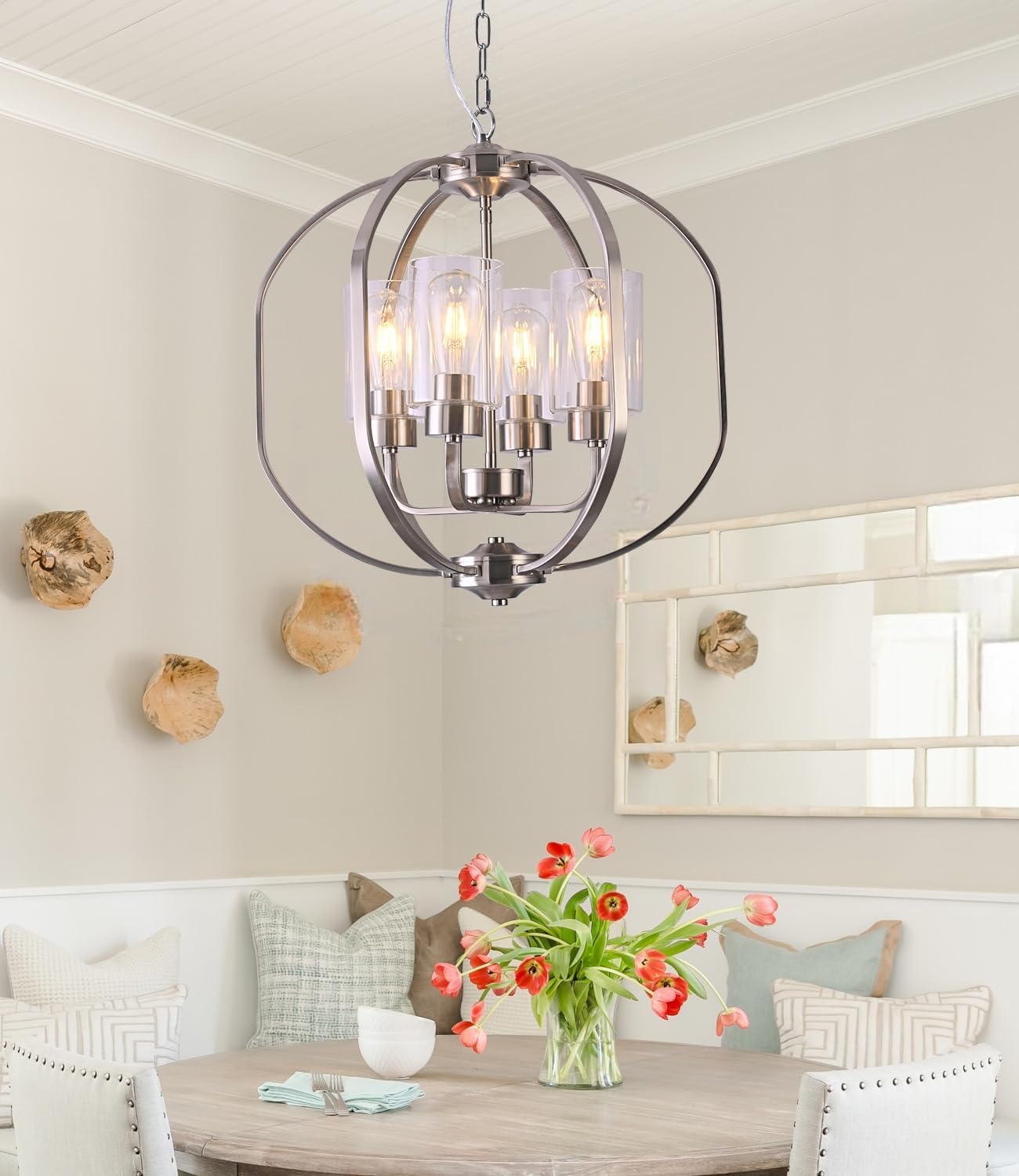 BOZO 20'' Globe Chandelier Brushed Nickel Chandeliers, 4-Light Modern Orb Chandelier,Ceiling Hanging Light Fixture with Glass Shade, Pendant Light for Dining Room Entryway Living Room 20" Nickel+Clear Glass