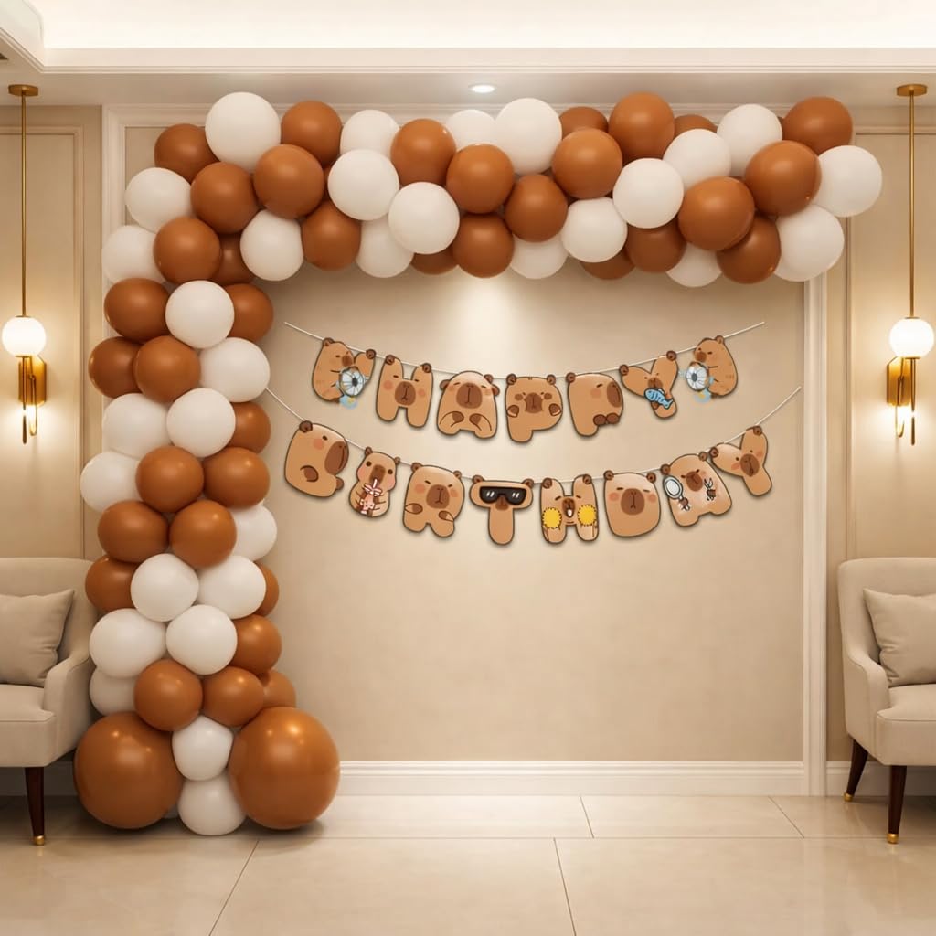 Capybara Happy Birthday Banner for Kids | Cute Capybara Theme Party Decoration | Brown & White Birthday Banner for Baby Boy & Girl | Kids & First Birthday Decor-image-1