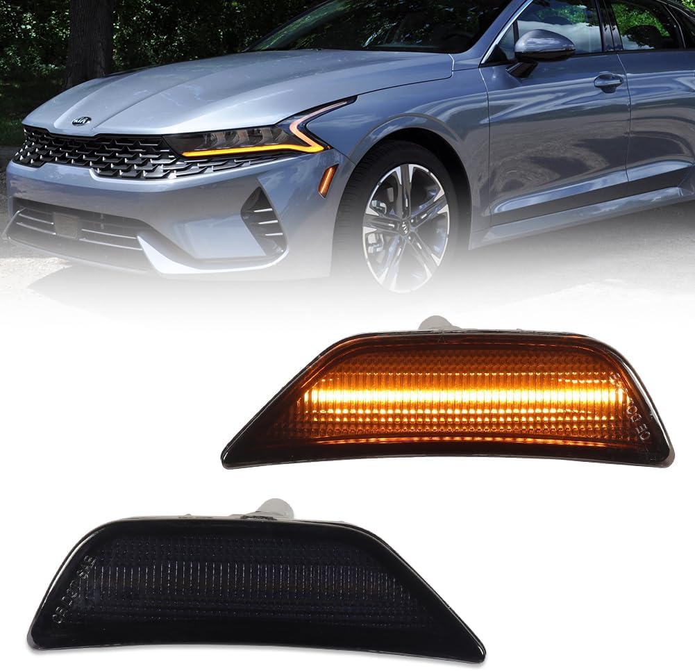 Front LED Side Marker Lights for Kia K5 2021 2022 2023 2024, K5 Clear Lens Side Bumper Marker Lights, Kia White LED Turn Signal Lamps, Replace OEM #921A1-L3000, 921A2-L3000, 2 PCS