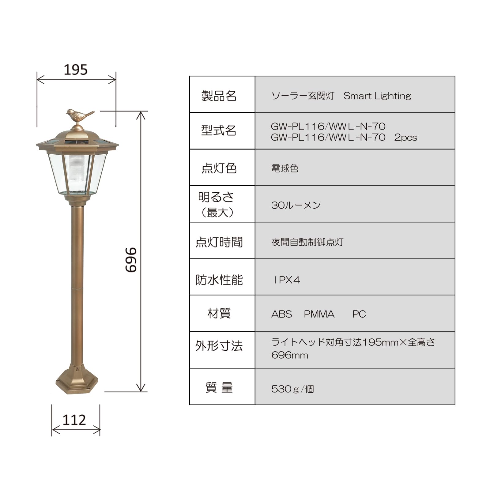 Amazon.co.jp: GWSOLAR ソーラーガーデンライト玄関灯2個組 高さ70cm 