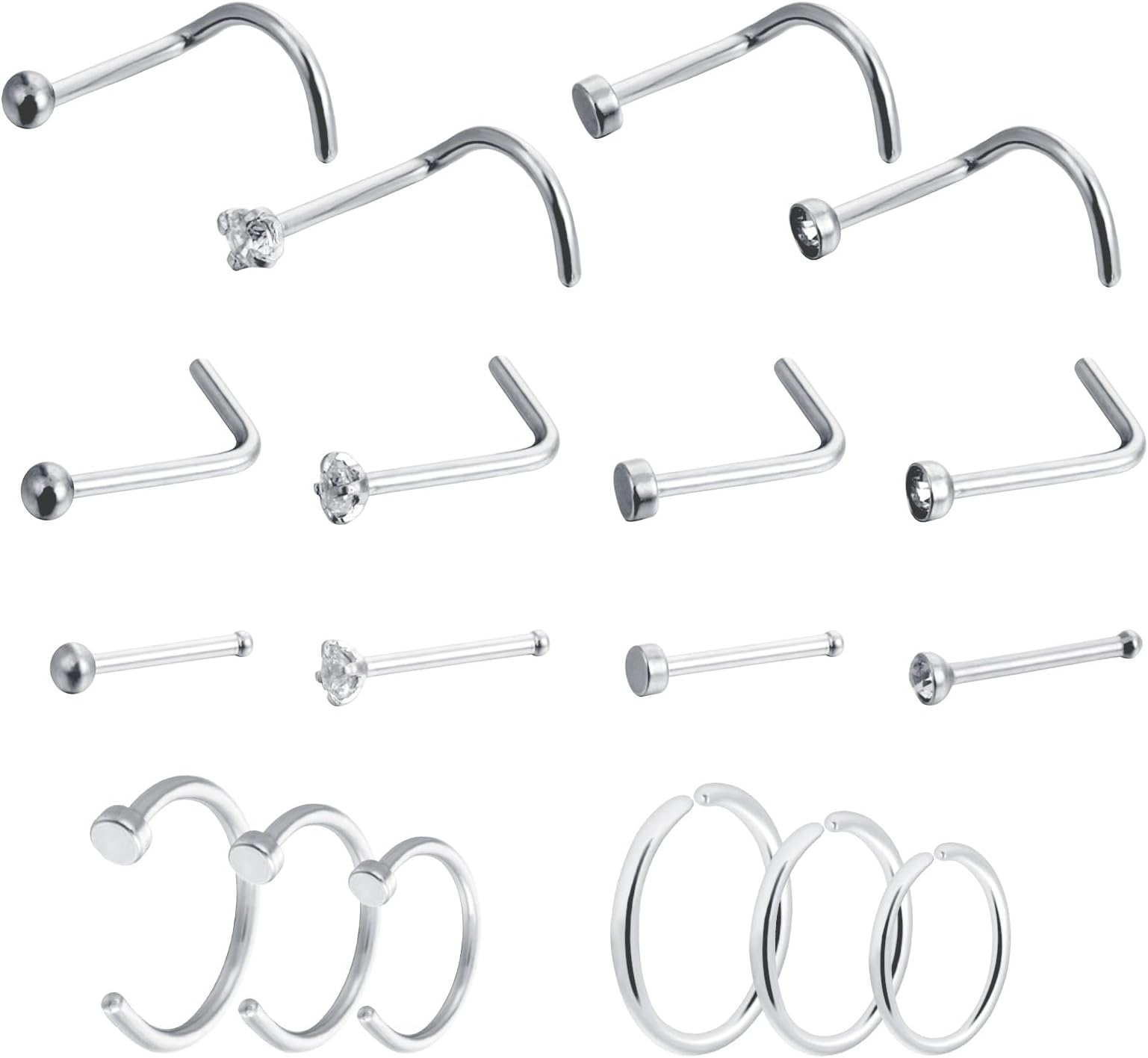 Yolev18PCS 20g Stainless Steel Nose Rings Hoop L Shape Nose Studs Nose Screw Bone Silver Rose Gold Black Rainbow Pack Steel for Men 1.5mm 2mm 2.5mm 3mm