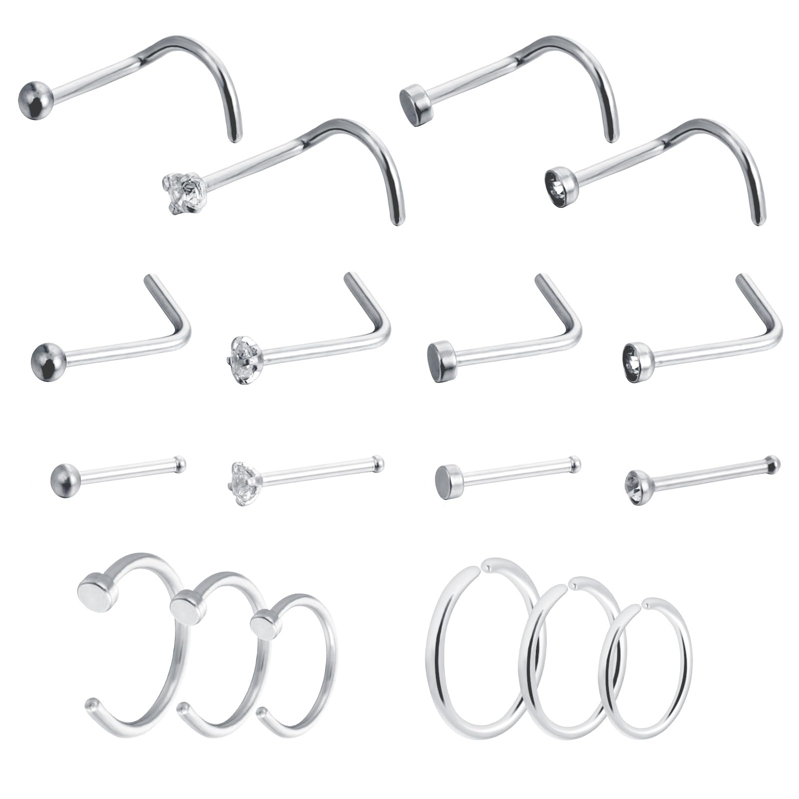Yolev18PCS 20g Stainless Steel Nose Rings Hoop L Shape Nose Studs Nose Screw Bone Silver Rose Gold Black Rainbow Pack Steel for Men 1.5mm 2mm 2.5mm 3mm