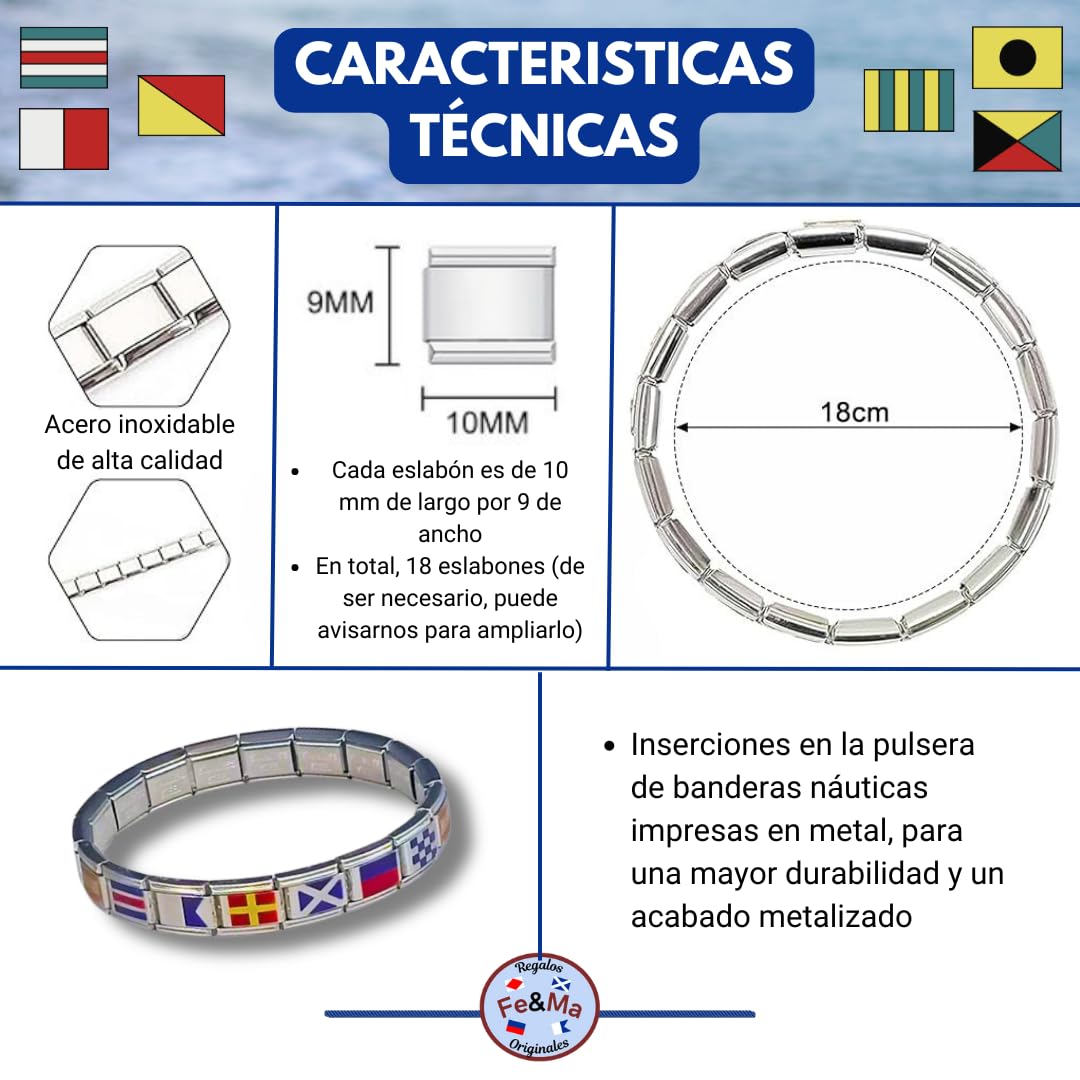 Feyma Pulsera nautica de Acero inoxidable - Banderas de España, con nombre de la Virgen del Carmen, Patrona de los Marineros, en banderas nauticas