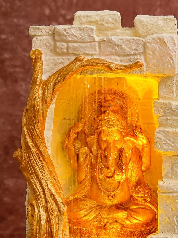 Image of Polyresin Golden Colour Ganesha Idol Table Top Home Decor Indoor Front Curtain Style Waterfall Fountain with Yellow LED & Speed Controller Pump (Size: 40 x 29.5 x 22CM | Weight: 2265grm)