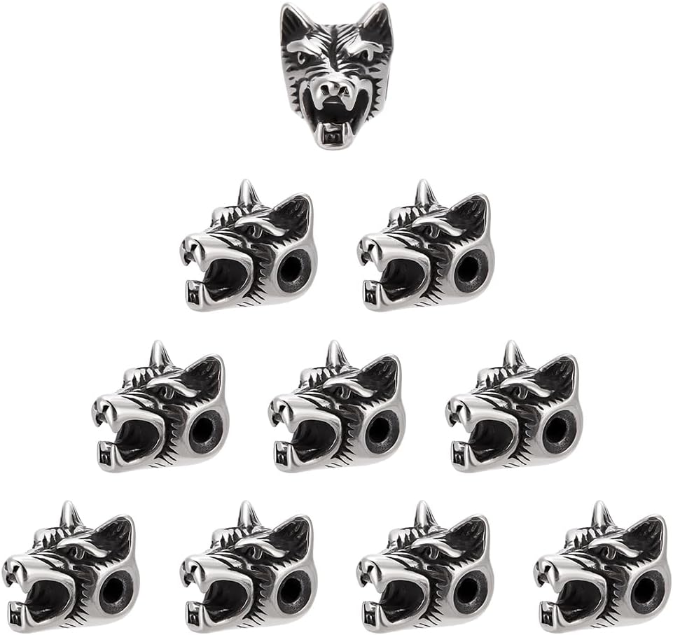 PH PandaHall Wolf Loose Beads 2mm Hole Stainless Steel Tibetan 14mm Antique Silver Spacer Beads Metal Animal Head European for Necklace Bracelet DIY Making