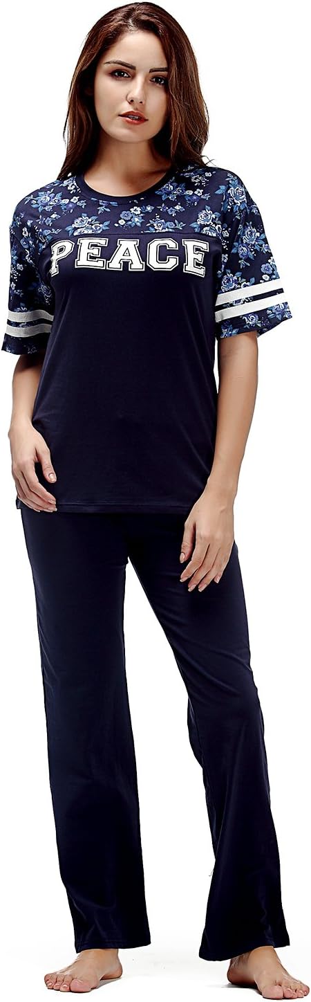 Yusano Pajama Set Women's Cotton Long Pants Sleepwear Soft Loungewear(L, Blue)