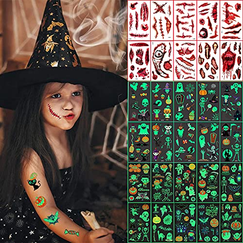MEPLIM 30 Sheets/239 PCS Halloween Tattoos for Kids，Halloween Temporary Tattoos for Kids Glow in the Dark & Scar Tattoos, Kids Halloween Tattoos for Halloween Decorations Party Favors Supplies