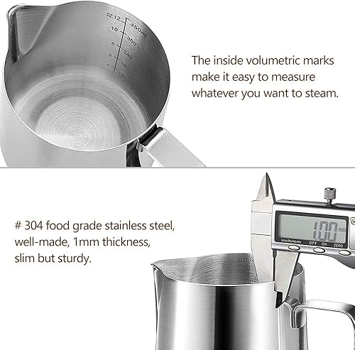 Miniatura 9 de HOOMIL Jarra de espuma de leche, jarra de acero inoxidable de 12 oz11.8 fl oz, jarra de vaporizador de leche para máquina de espresso, café,