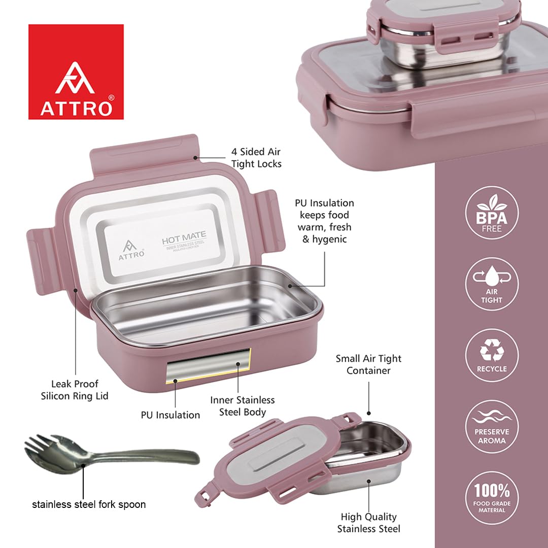 Attro Hotmate Stainless Steel Insulated Airtight Leak-Proof Lunch Box Unbreakable Lid,Snacks Tiffin for Kids,Light Weight,Easy Clean for Office,School,Picnic&Travelling,800 Ml - Pastel Violet