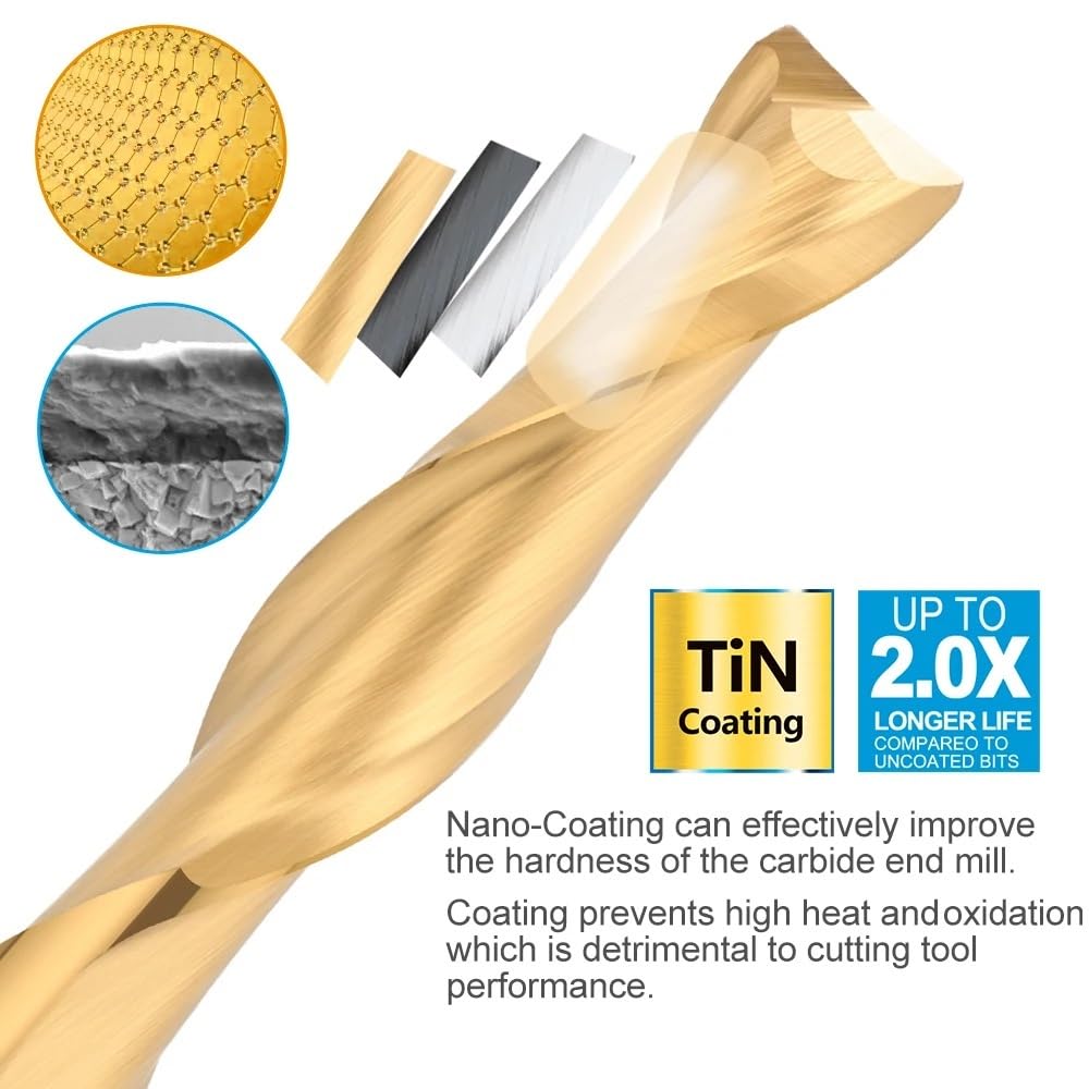 4mm 6mm 8mm 10mm 12mm Shank Milling Cutter 2 Flute Carbide End Mill Carbide TiN Coated Endmill CNC Router Bit for Woodworking(8x8x45x90mm)