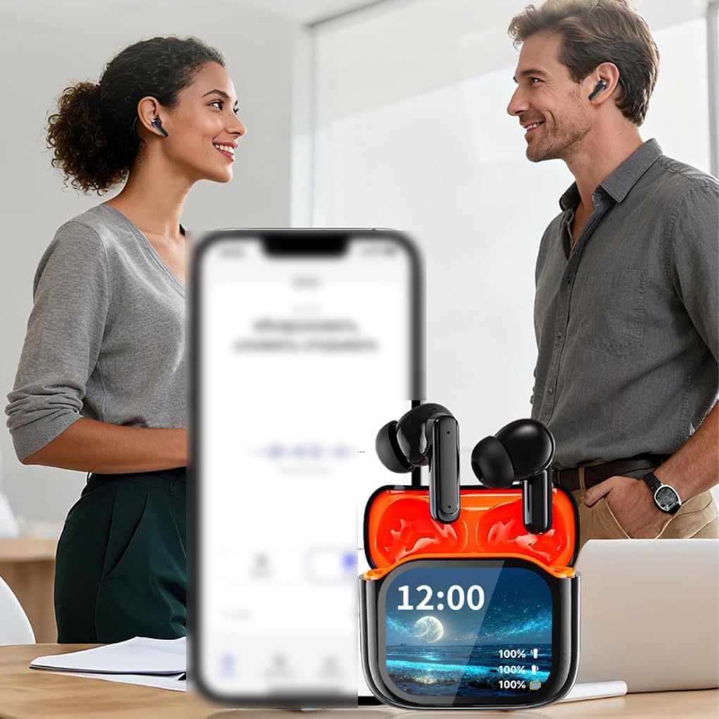 Auriculares inalámbricos con Pantalla y Puerto de Carga USB Tipo C para Disfrutar en Parques de Atracciones. Auriculares intrauditivos inalámbricos, Negro Naranja