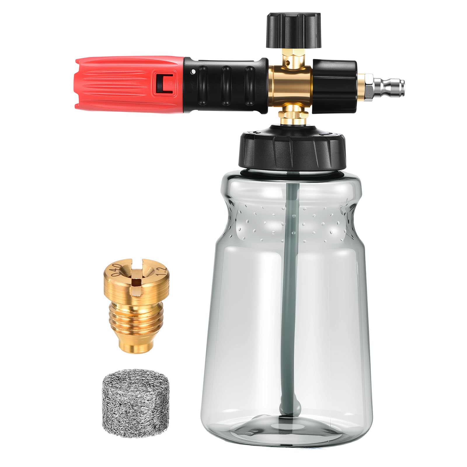 Lata de espuma para lavadora a presión, dispensador de jabón de espuma gruesa de 1 litro para lavado de automóviles con espuma gruesa ajustable con conector rápido de 1/4 pulgadas, malla