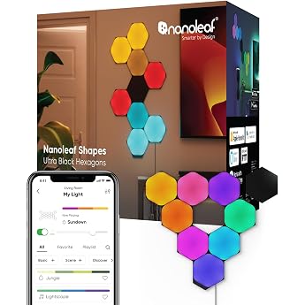 nanoleaf shapes ultra black hexagon starter kit 9 smart led panels rgbw - modular wlan 16 million colors wall light indoor music & screen sync works with alexa google apple