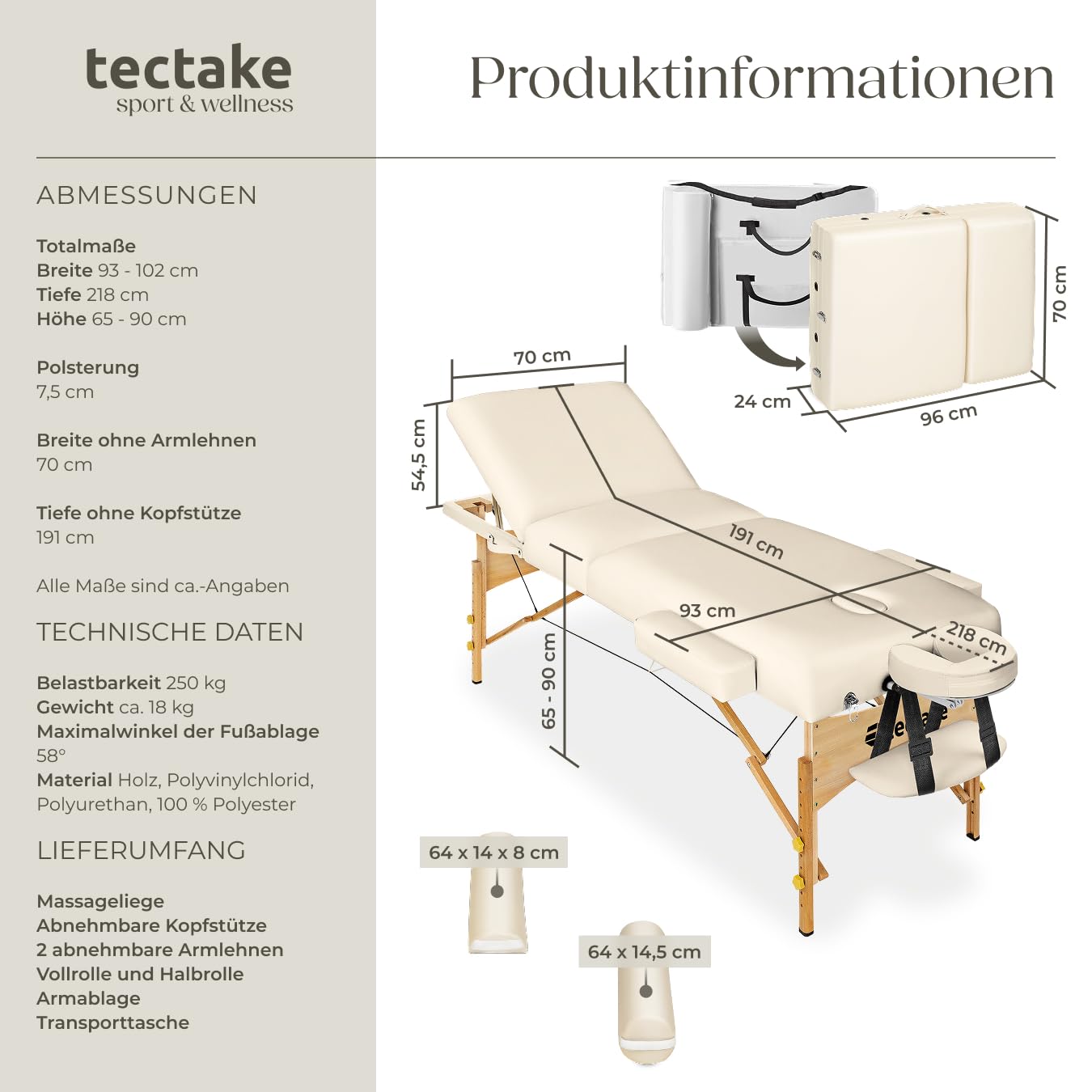 tectake® Mobile Massageliege mit 3 Zonen, klappbar, mit 7,5 cm Polsterung, bis 250 kg belastbar, Massagebank mit Zubehör Tasche, Voll- und Halbrolle, mobiles Möbel für Massage - beige