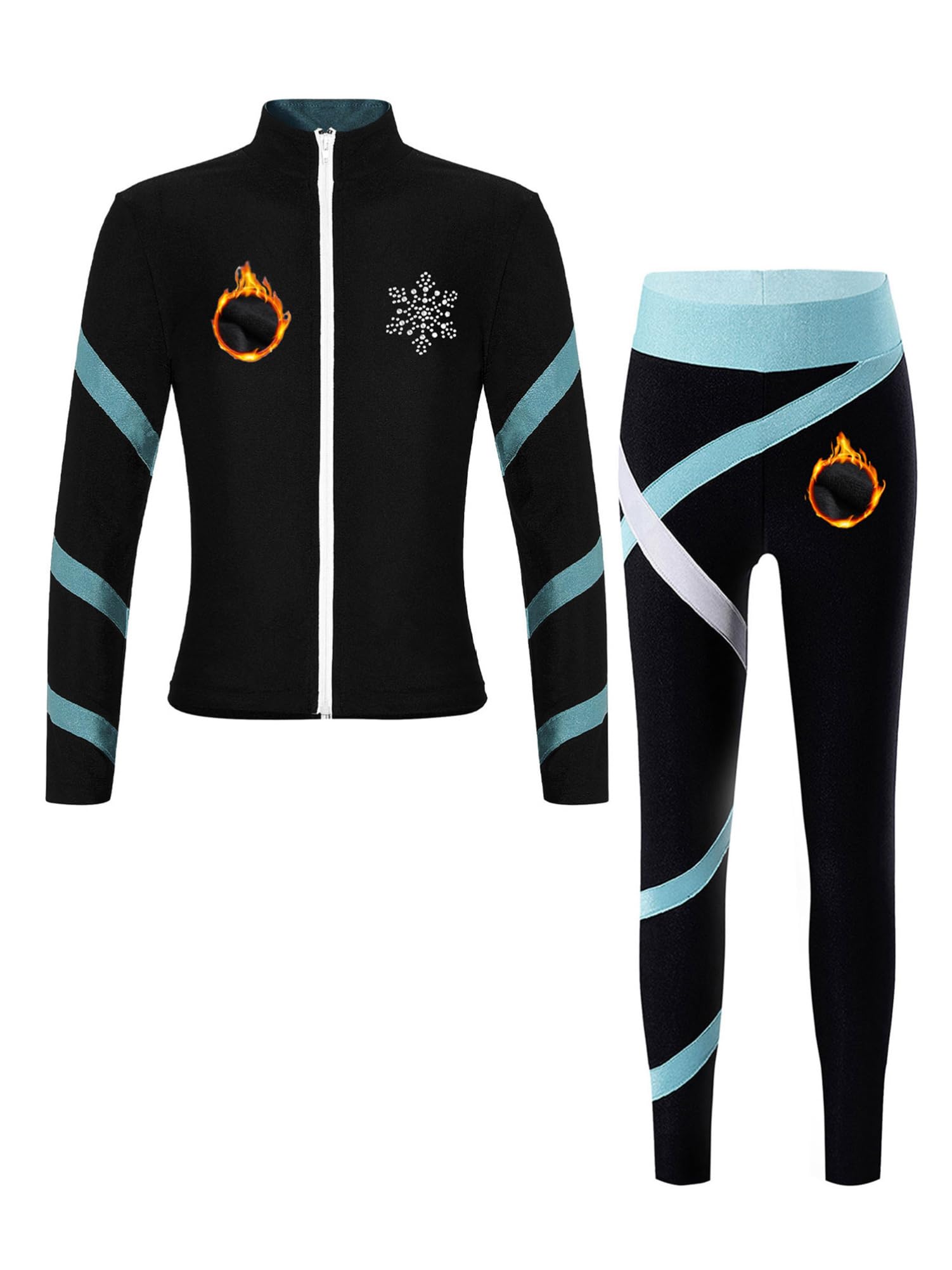 CHICTRY Eiskunstlauf Trainingsanzug Mädchen Thermo Jacke Glitzer Strass Langarm Streifen Patchwork Eislaufhose Tanzhose Hellblau 122-128