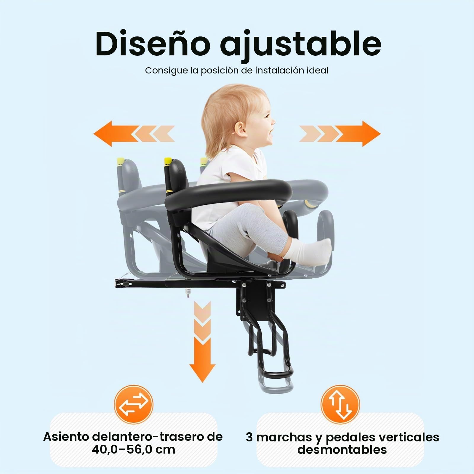Asiento de bicicleta infantil delantero, Asiento de bicicleta ajustable para niños con pedales y respaldo de apoyo, Asiento de bicicleta para niños para bicicleta de montaña y bicicleta de