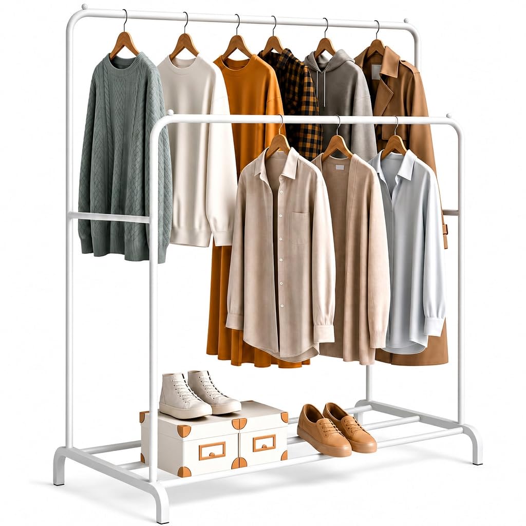 edihome, Stand Appendiabiti, Doppio, 110 x 150 x 54 cm, Vestitore, Appendiabiti da Terra, Resistente, Metallico, con Supporto per Scarpe (Bianco Doppio)