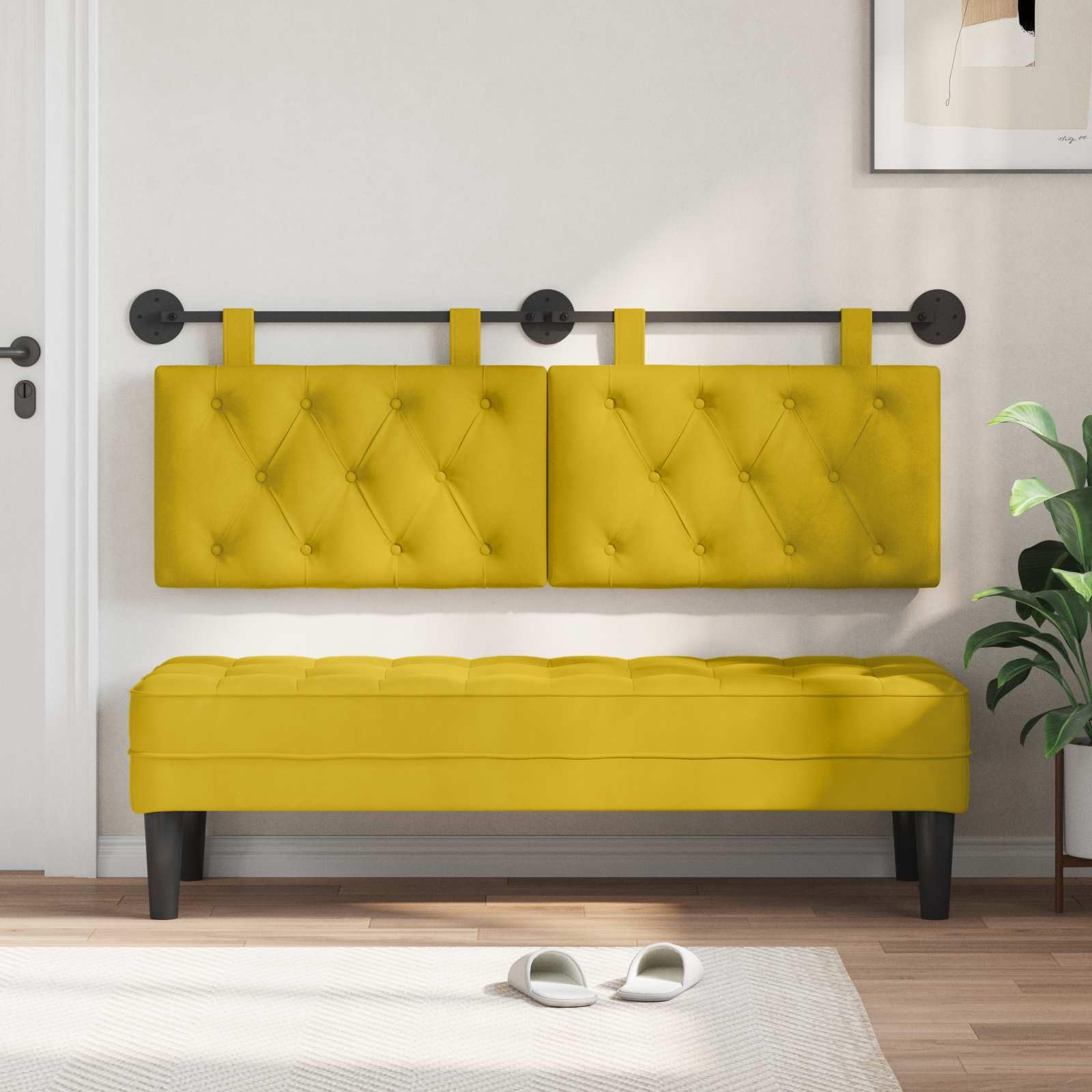 Wiszący zagłówek żółty aksamit ze strukturą pikowaną na guziki, 150 x 55 x 7 cm, tapicerowany zagłówek do sypialni, pokoju gościnnego, montażu na ścianie, wszechstronne oparcie i nowoczesne