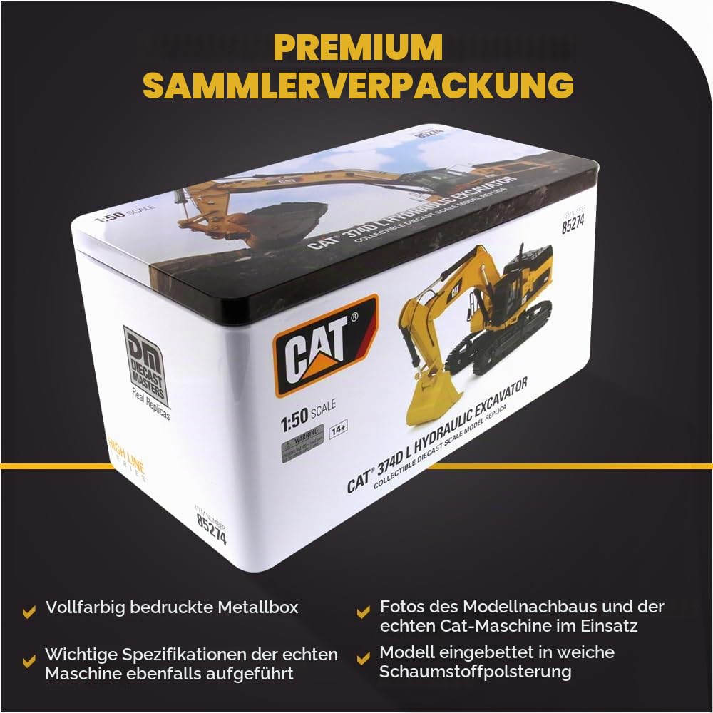 Diecast Masters Cat 374D L Hydraulikbagger 1:50 | In Blechdose, detailgetreues CAT Modell, ab 14 Jahren, für Sammler, 85274