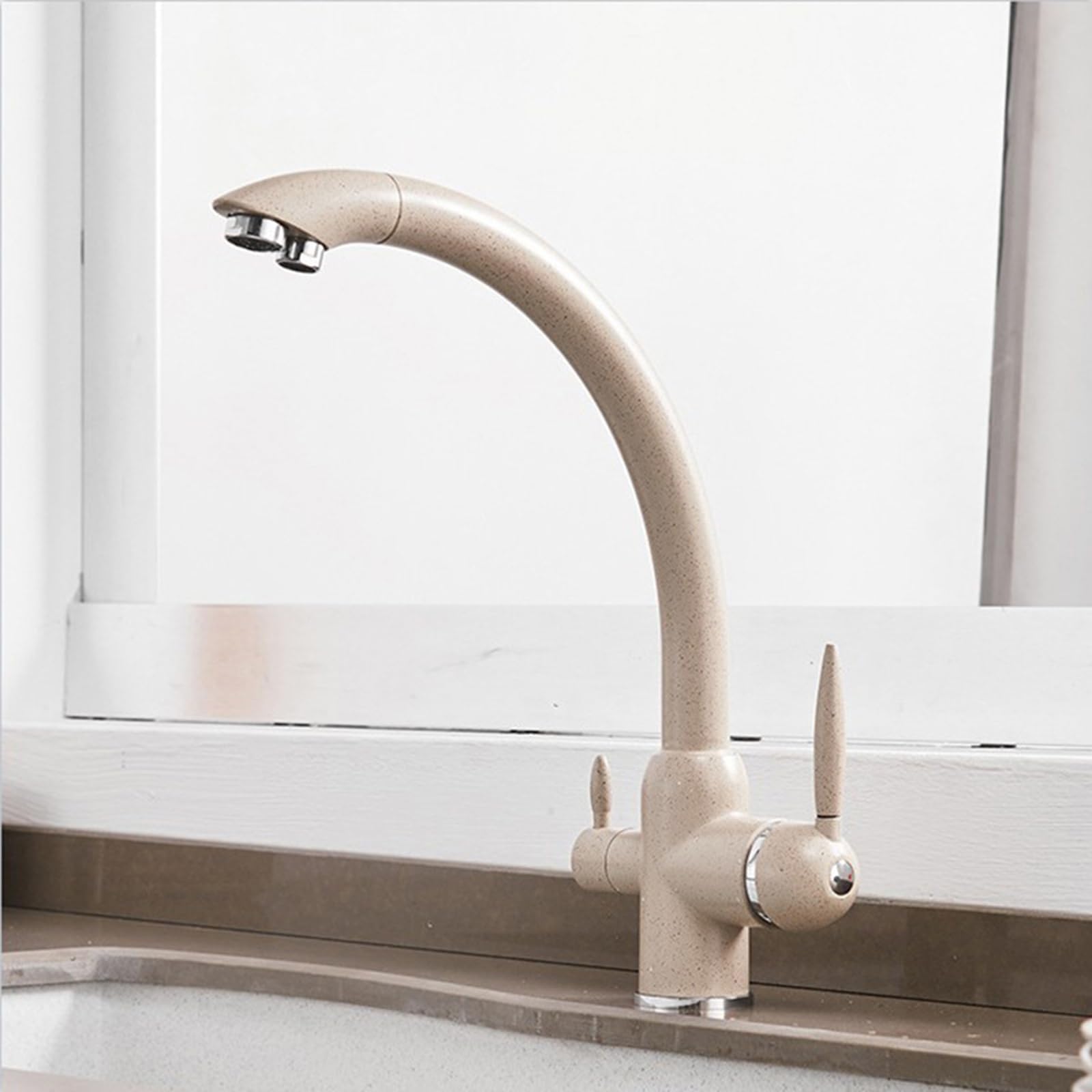 Rubinetto a Tre Vie per Osmosi Inversa Cromo Rubinetteria Cucina con Doppio Beccuccio Rubinetti da Cucina a 3 Vie in Ottone Miscelatore Cucina Girevole a 360° Beige