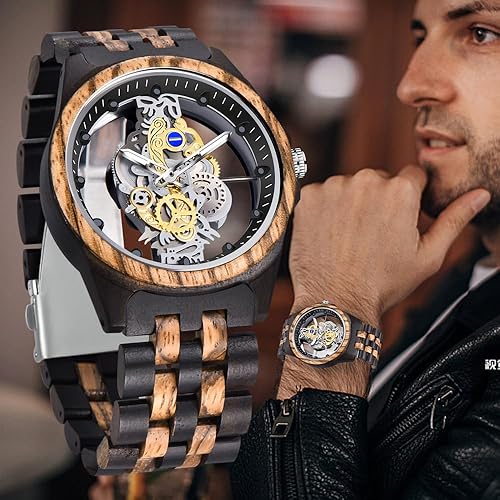 Miniatura 8 de Dentily Reloj de madera para hombre, reloj de madera ligero para hombre, relojes analógicos de madera de cuarzo para hombres