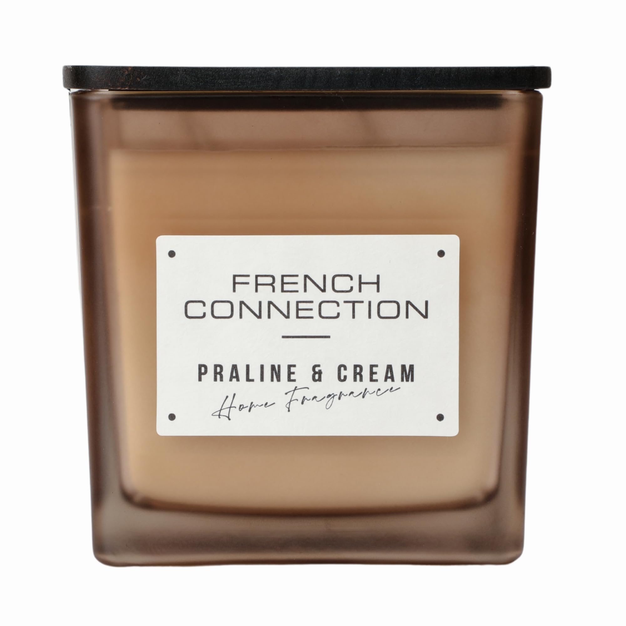 French Connection Scented Candle | Shea Butter Wax | Frosted Brown Glass Jar Wooden Lid | Square Shape | (XL, Praline & Cream Scent)