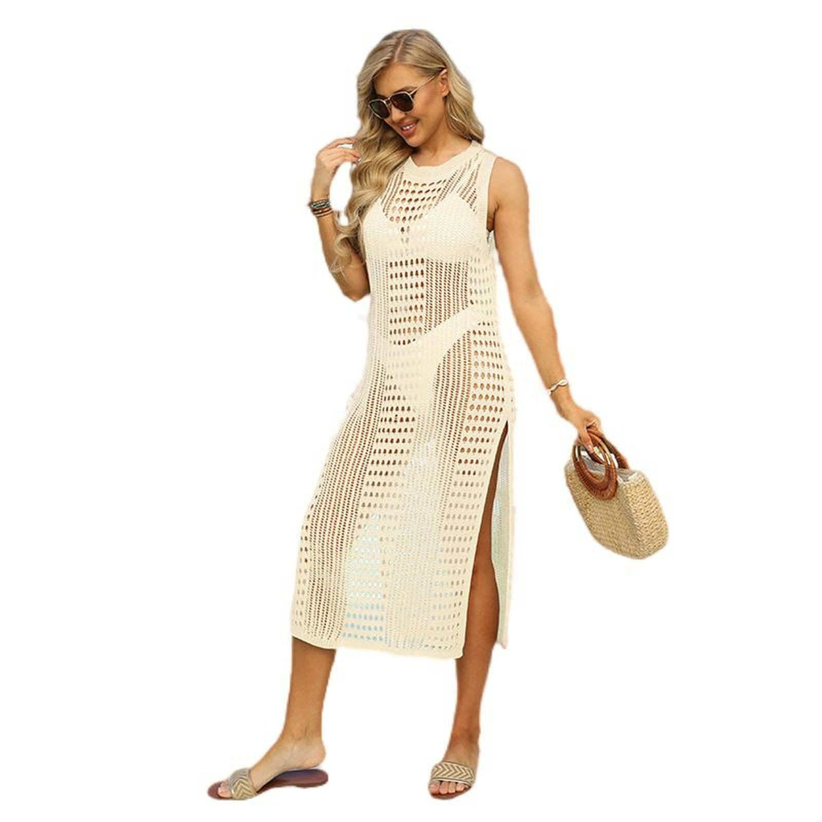 Pareo de Punto para Mujer con Traje de baño de Bikini de Playa con Cuello Redondo y Abertura Hueca con Falda de Playa - Albaricoque - Talla única