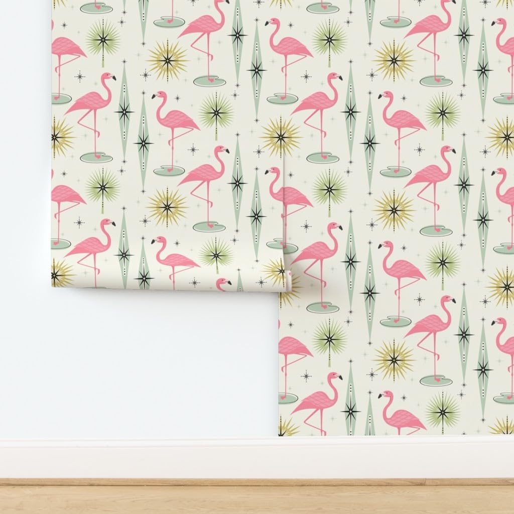 Peel & Stick Wallpaper Swatch - Retro Flamingo Diamonds 1950S Tropical Flamingos Fifties Atomic Custom Removable Wallpaper by Spoonflower