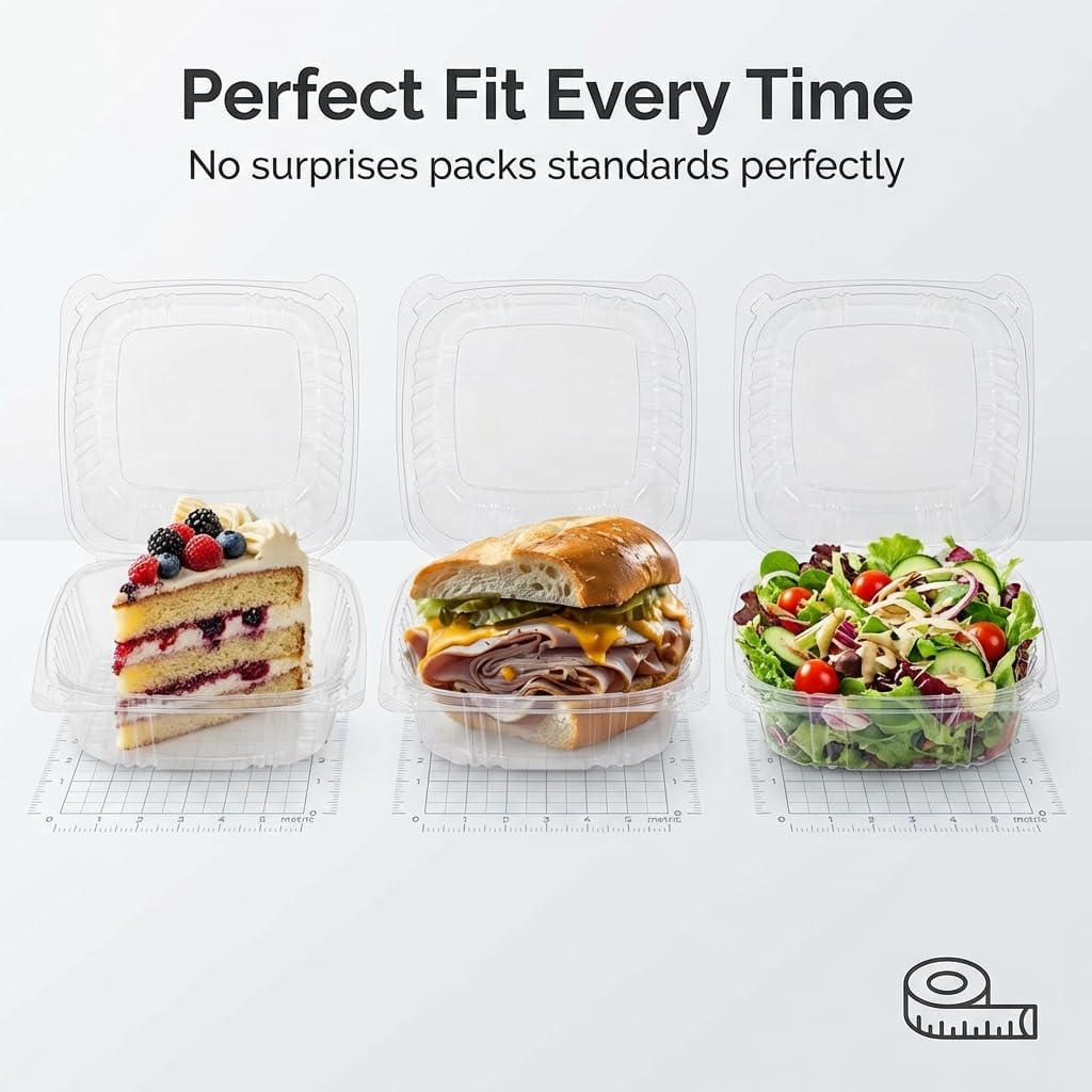 Mr Miracle Clamshell Containers - Clear Disposable Plastic To-Go, Leak-Resistant and Durable for Delivery like Uber Eats, Ideal for Cakes, Salads, Small Sandwich, Personalizable (5" X 5" - 100 Count) - Image 6