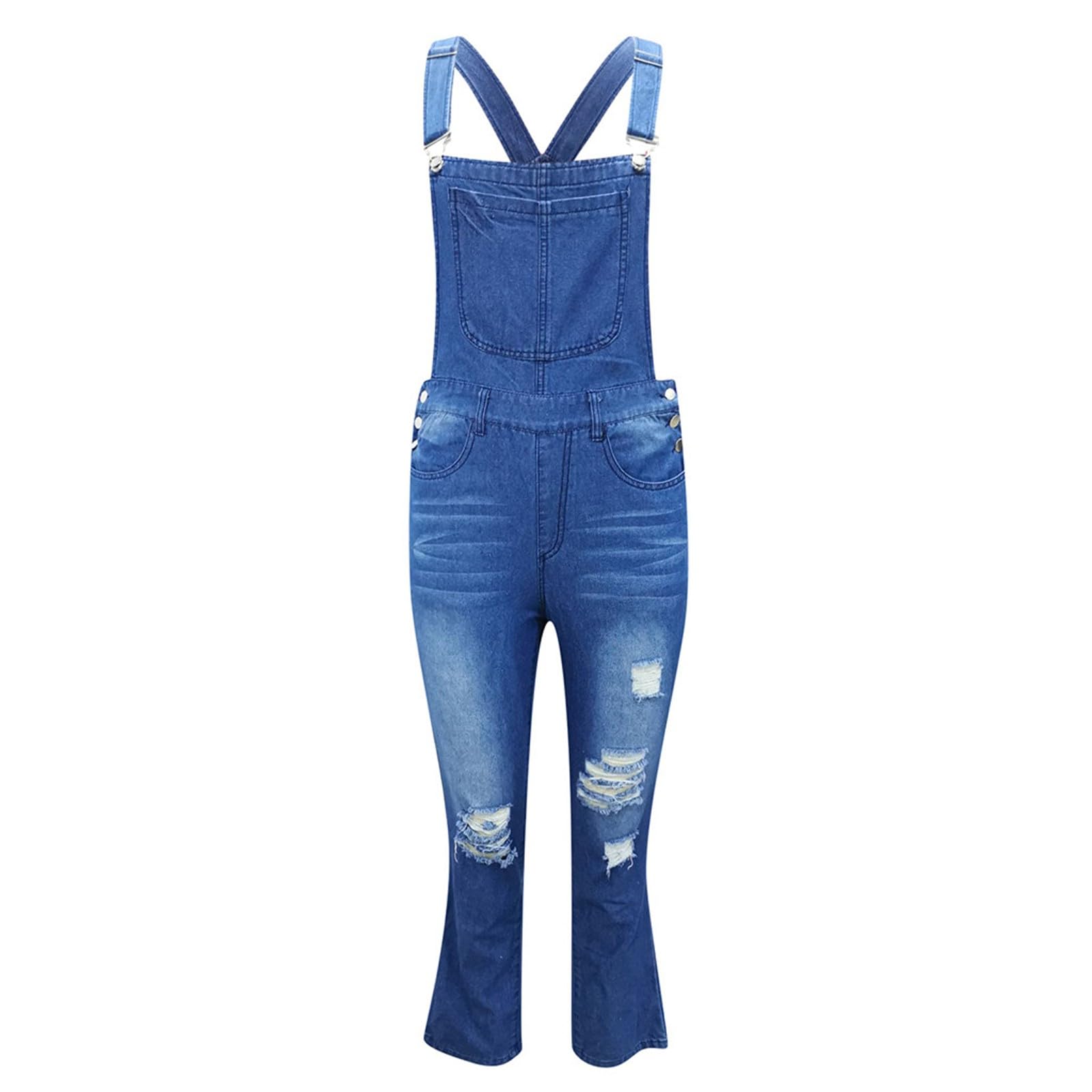 Salopette da donna in jeans lunghi, in denim, elasticizzata, dritta, jeans