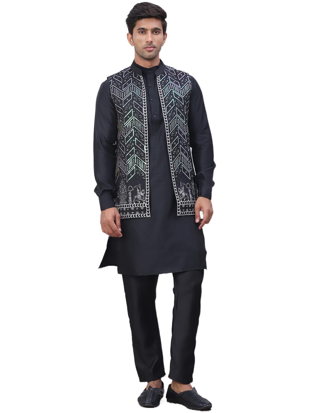 jompers Men Black Embroidered Nehru Jacket With Solid Kurta Pyjama Set (Black, M)-picture-21