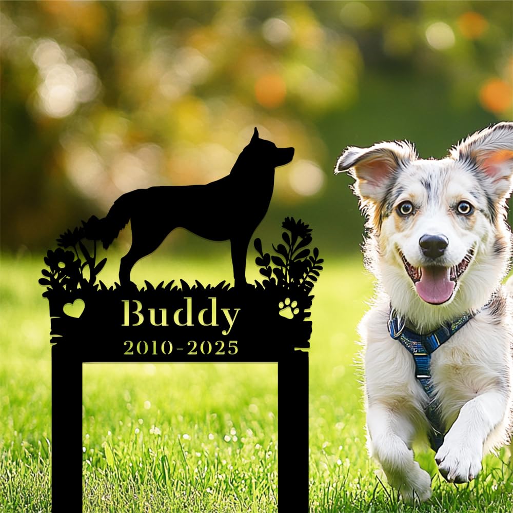 Custom Husky Memorial Grave Marker Garden Signs,Personalized Metal Flower Dogs Burial Stake,Customized Pets Headstone Engraved Sign,Sympathy Gifts for Lost Dog,Pet Tombstone for Cemetery Garden Lawn