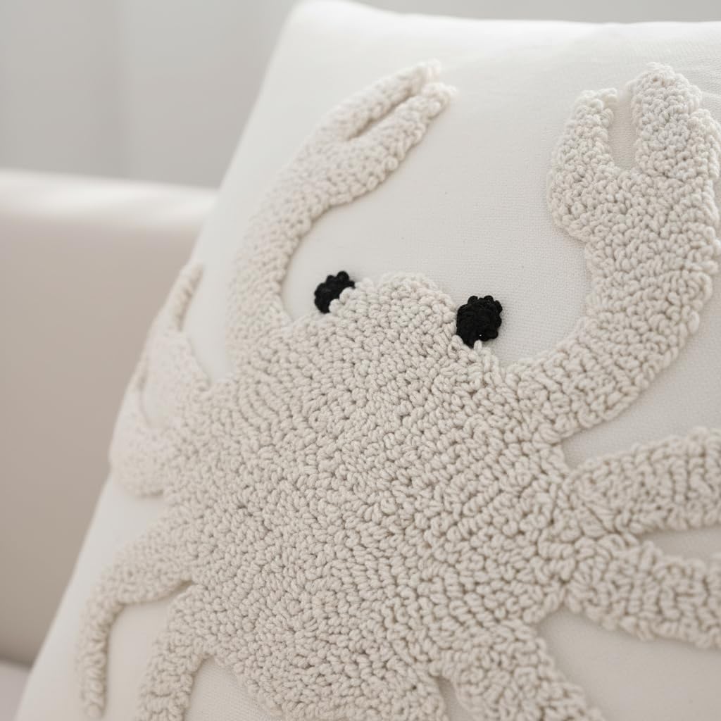 Crab Pillow Covers 18x18 Pack of 2 Coastal Beach Embroidered Throw Pillow Covers Beige Tufted Pillow Cushion Cases Farmhouse Decor Ocean Themed Cushion Covers for Spring Summer