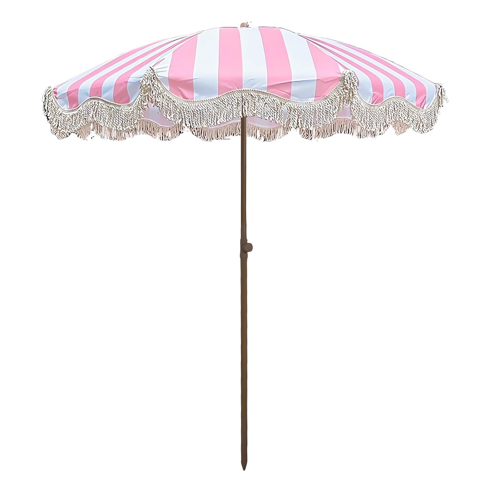 Sombrilla de jardín de 200 cm a rayas rosas, sombrilla de playa boho con flecos, inclinable y altura ajustable, UPF 50+, para piscina, patio, terraza