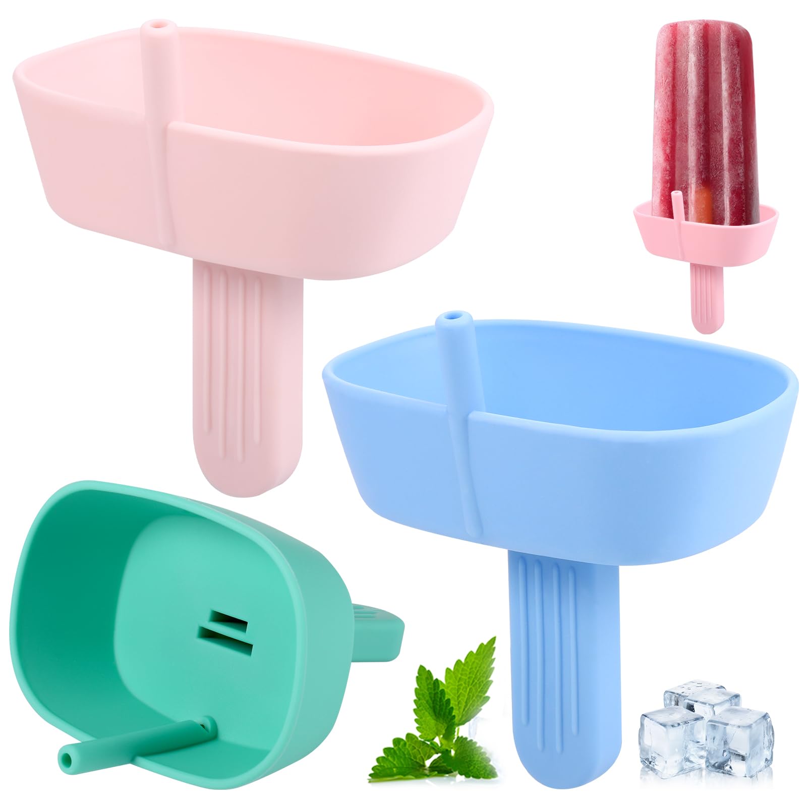 Hejo 4 Stück Tropffrei Eis am Stiel-Halter für Kinder, Silikon Eishalterung für Kinder, Wiederverwendbarer Eis Halter mit Strohhalm, Eis Tropfschutz für Jungen＆Mädchen (Rose, Hellrosa, Grün, Blau)