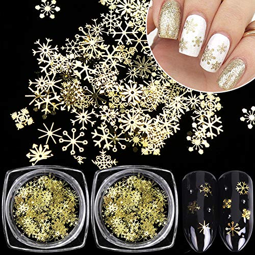 Christmas Nail Art Glitters Snowflake Gold Metal Nail Sequins Gel Polish Accessories 3D Nail Art Decals Xmas Party Glitters Flake Nail Designs Manicure Tips Nail Art Decoration 2 Boxes