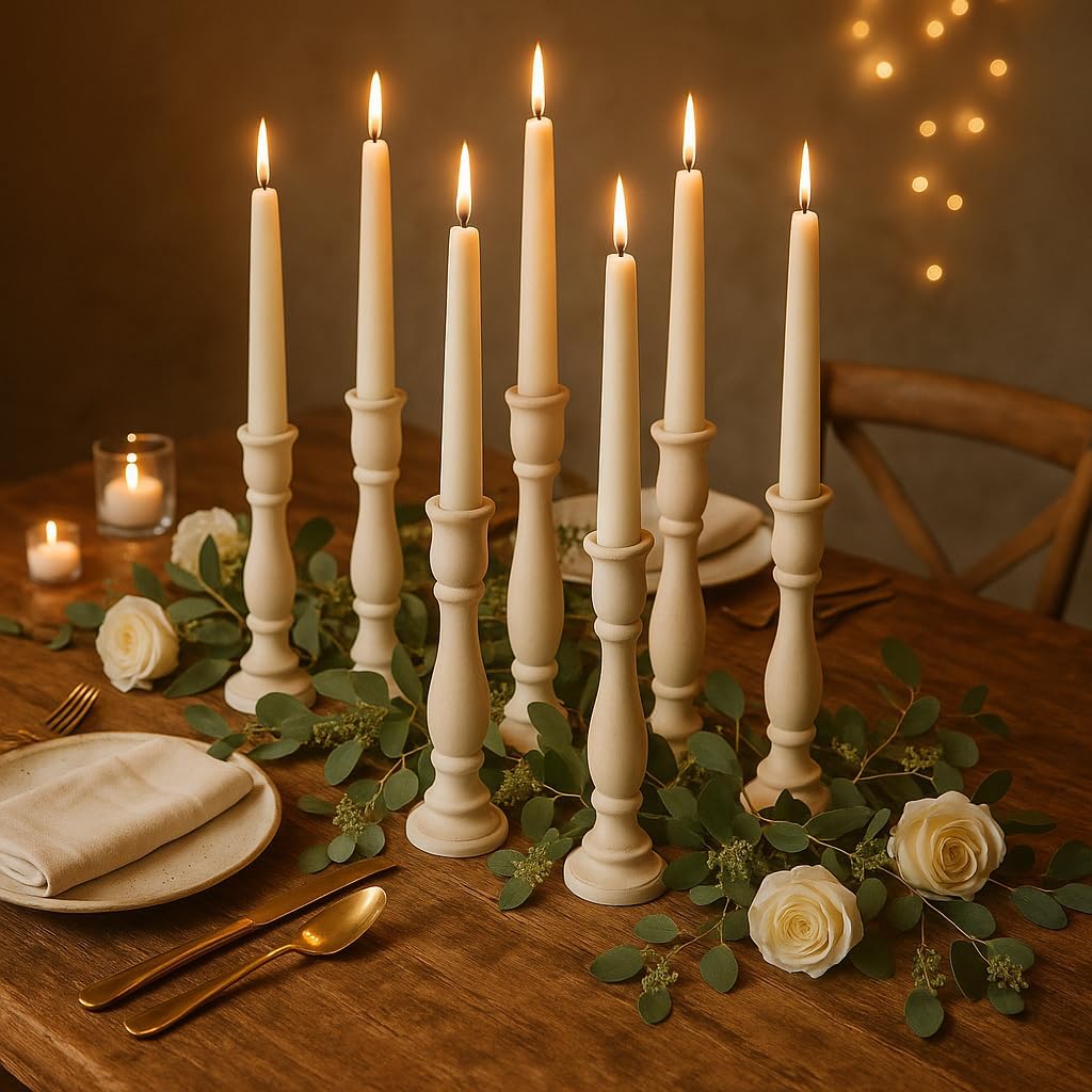 Koyal Wholesale White Candlestick Holders & White Taper Candle Holder Set of 12, Unfinished Wood & Boho Candle Holders - Wooden Candlestick Holders for Elegant Decor